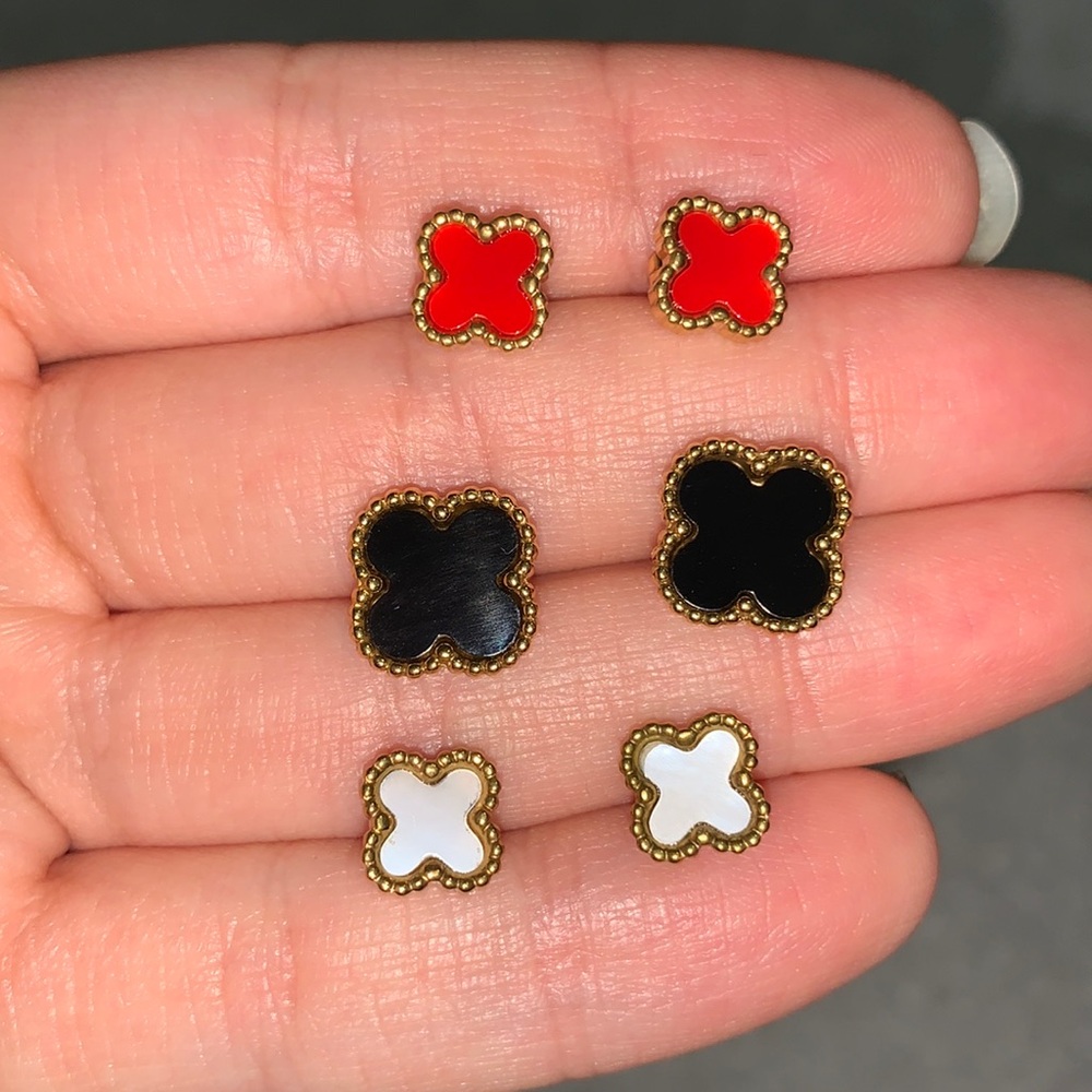3 Gold Clover Earring Set (Red, Black, and Opal)